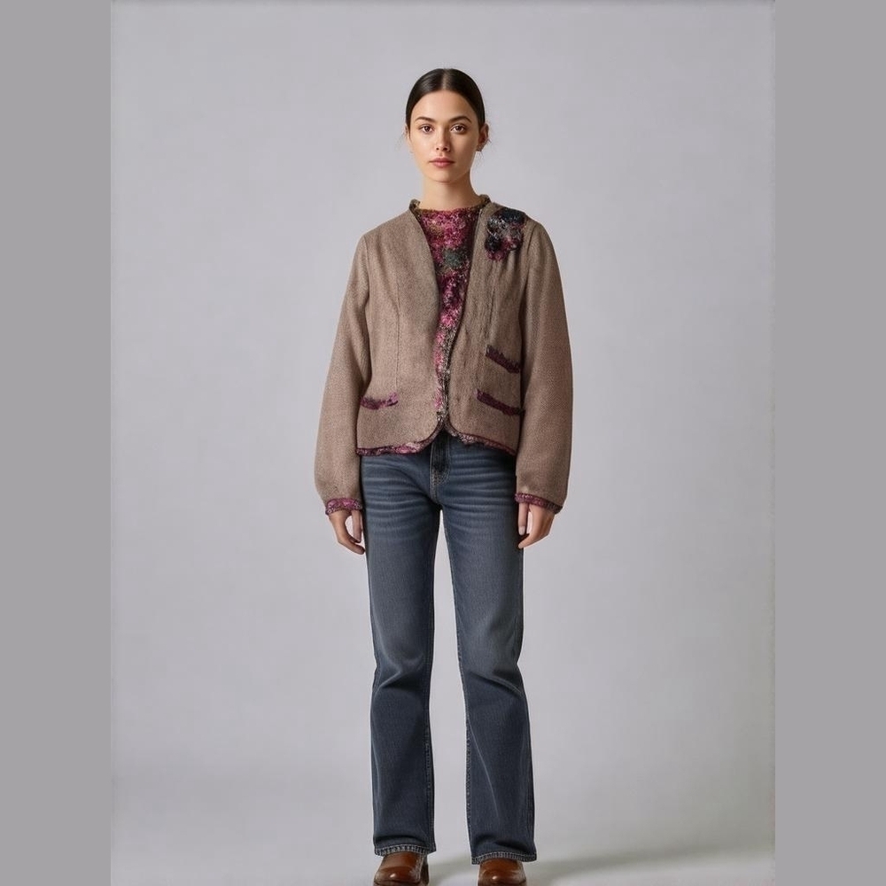 RENÉ DERHY Brown Wool Open Front Art-to-Wear Cropped Blazer Size Medium
